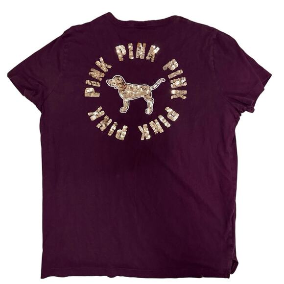 Victorias Secret Pink Women’s large burgundy maroon gold sequin tee shirt top - Picture 3 of 6
